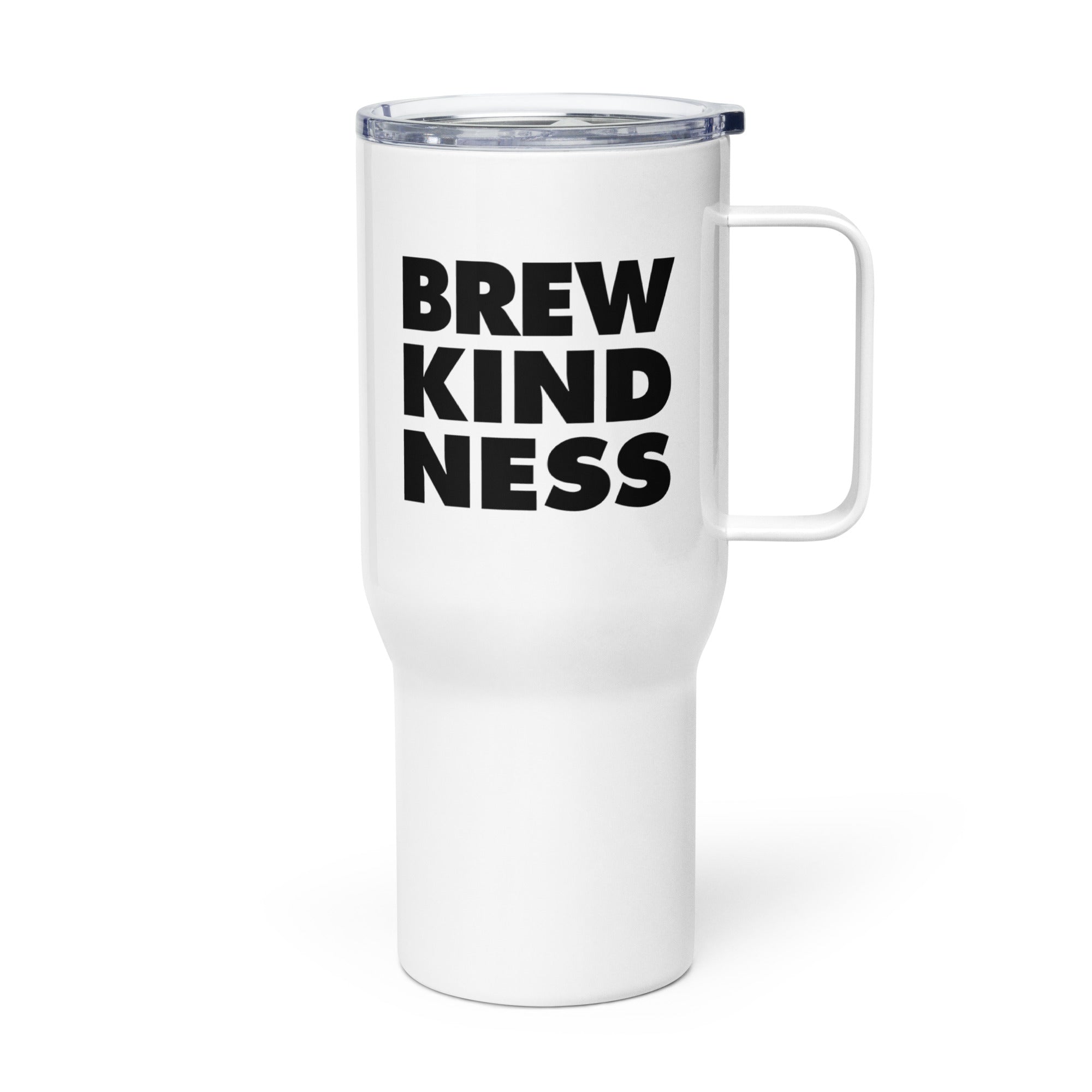 Elevated travel mug with "Brew Kindness" text design