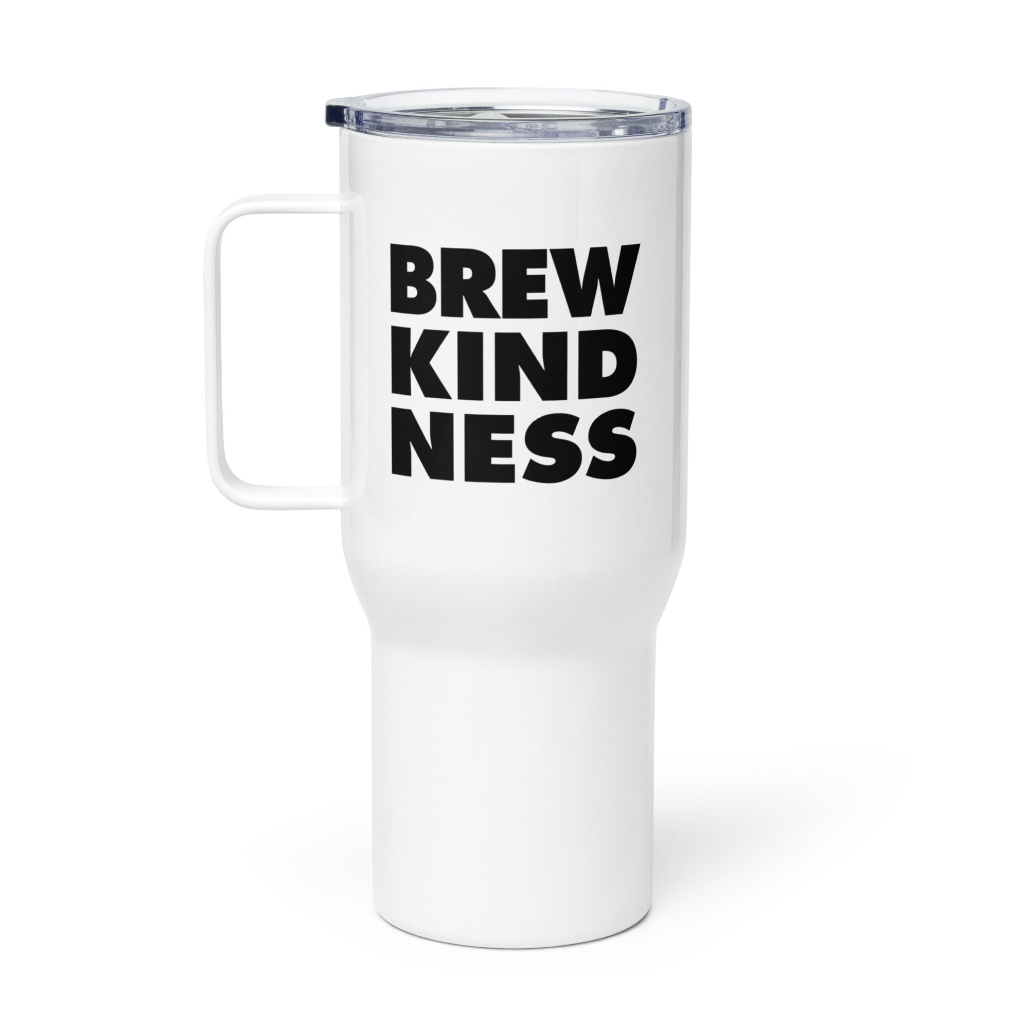 Elevated travel mug with "Brew Kindness" text design